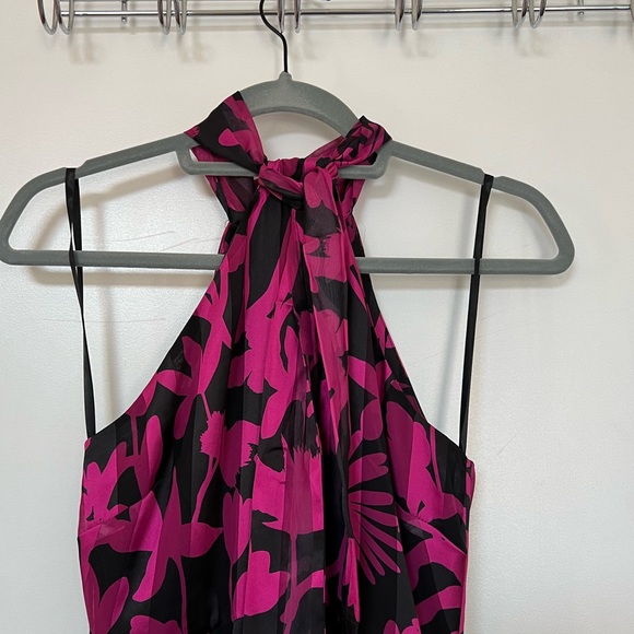 NWT: MILLY Floral Shadow Tie Halter Neck Sleeveless Dress In Magenta - Picture 6 of 11